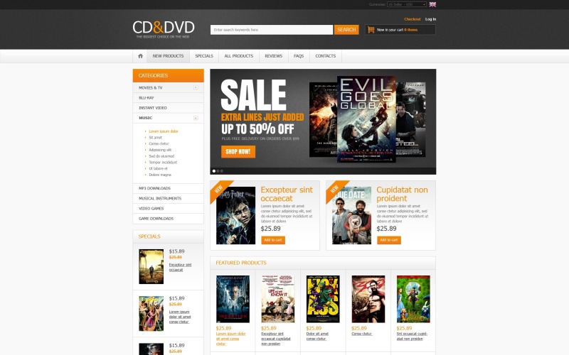 cd &amp; dvd магазин zencart шаблон