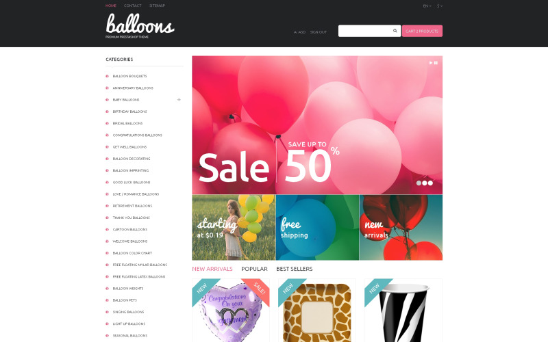 воздушные шары и предметы для вечеринок тема prestashop