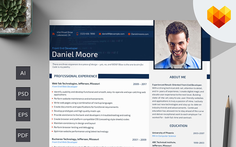 Download Резюме "Daniel Moore - Front End Developer Resume Template" / Daniel Moore - Front End Developer Resume Template - Резюме на тему графика 