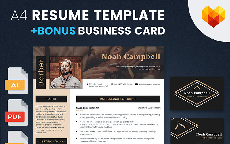 Download Резюме "Пример резюме парикмахера барбершопа" / Noah Campbell - Barber, Haircut and Beard Stylist Resume Template - Резюме на тему графика 
