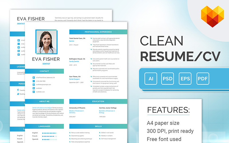 Download Резюме "Eva Fisher - Dentist Resume Template" / Eva Fisher - Dentist Resume Template - Резюме на тему графика dental tooth stomatologist stomatology dentures dentist dantist teeth doctor nurse medical doctor emergency