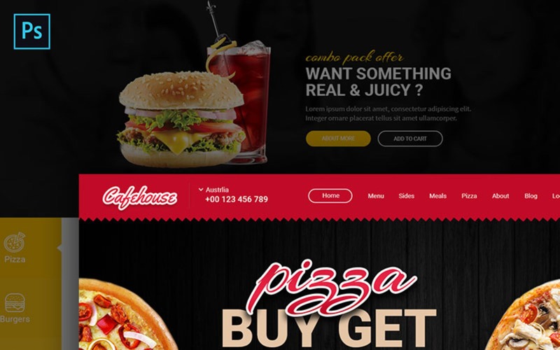 Download PSD шаблон "Cafehouse - Food Online Ordering eCommerce PSD Template" / Cafehouse - Food Online Ordering eCommerce PSD Template - PSD шаблон на тему фастфуд 