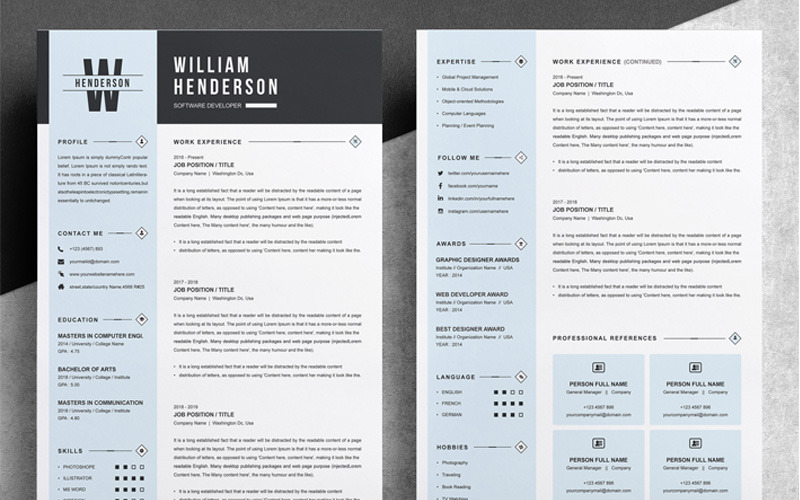 Download Резюме "Henderson Resume Template" / Henderson Resume Template - Резюме на тему графика 1 page resume 2 clean cv cover letter design template illustrator eps mac pages microsoft word modern photoshop psd professional