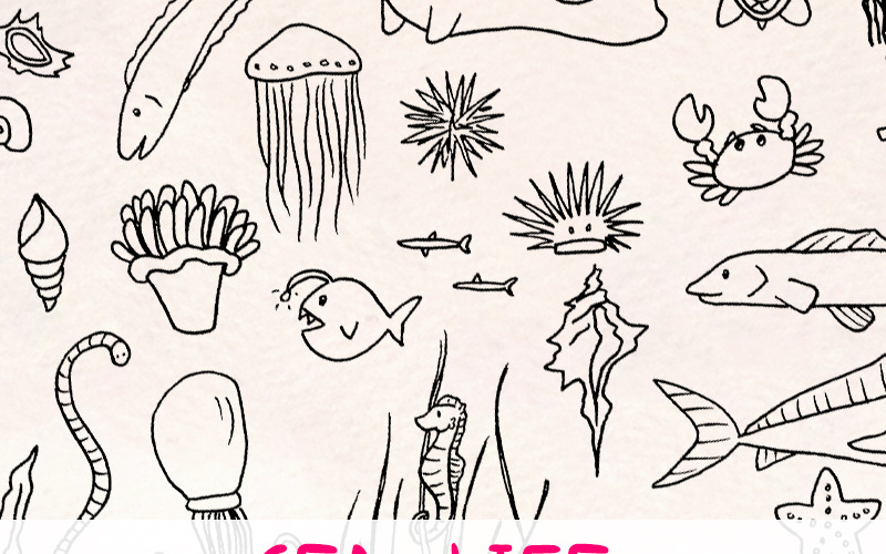 Download Иллюстрация "60 Sea and Ocean Creature - Illustration" / 60 Sea and Ocean Creature - Illustration - Иллюстрация на тему графика graphics blog illustration vector commercial use hand drawn line art ocean clip nautical digital download kit