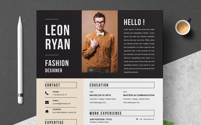 Download Резюме "Leo Resume Template" / Leo Resume Template - Резюме на тему графика 1 page resume 2 clean cv cover letter design template illustrator eps mac pages microsoft word modern photoshop psd professional