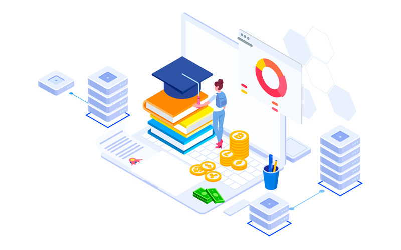 Download Иллюстрация "Fund higher education 4 - Illustration" / Fund higher education 4 - Illustration - Иллюстрация на тему графика isometric illustration blockchain platform finance report chart analysis growth device laptop bussiness strategy people design.