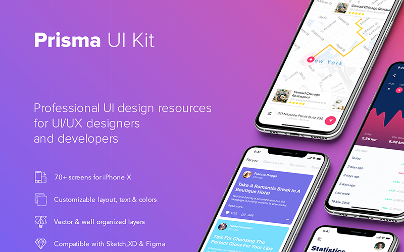 Download UI элементы "Prisma UI Kit " / Prisma UI Kit  - UI элементы на тему графика app ui social statistics articles interface ios material kit mobile login sign up profile map tracking menu on boarding