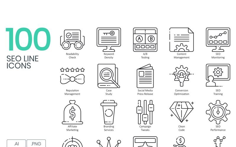 Download Набор иконок "100 SEO Line Icons Set" / 100 SEO Line Icons Set - Набор иконок на тему графика 