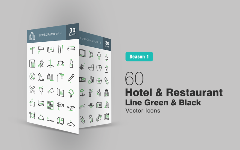 Download Набор иконок "60 Hotel & Restaurant Line Green & Black Icon Set" / 60 Hotel & Restaurant Line Green & Black Icon Set - Набор иконок на тему графика hotel icon restaurant vacations luggage aeroplane dinner cigarette van security lock directions drink bed waiter lunch wifi connection bowling beach