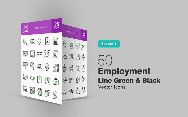 Download Набор иконок "50 Employment Line Green & Black Icon Set" / 50 Employment Line Green & Black Icon Set - Набор иконок на тему графика employment icon job candidate employee wanted user profile resume online advertising diploma target certification hiring post office apply formal position