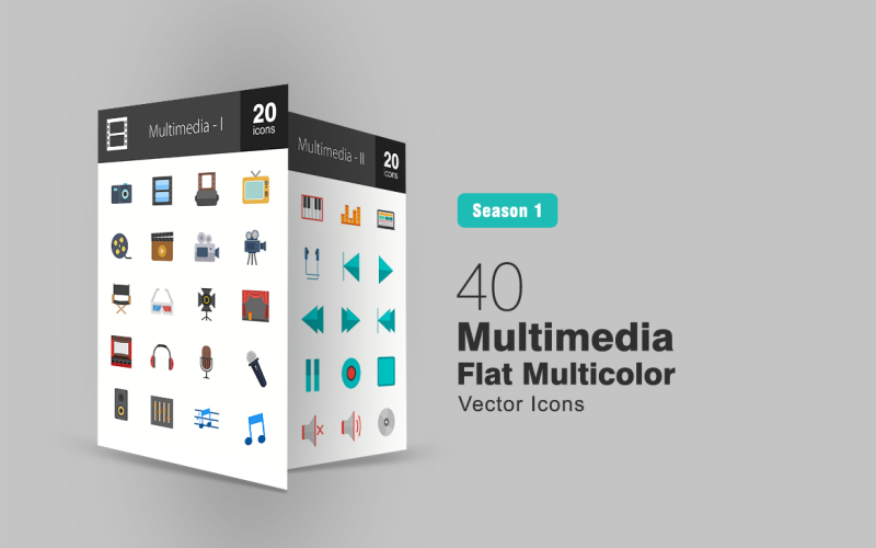 Download Набор иконок "40 Multimedia Flat Multicolor Icon Set" / 40 Multimedia Flat Multicolor Icon Set - Набор иконок на тему графика camera icon roll television play media multimedia music video speaker volume stage microphone piano film controls earphones iconbunny flat icons