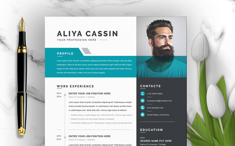 Download Резюме "Aliya Resume Template" / Aliya Resume Template - Резюме на тему графика 1 page resume 2 clean cv cover letter design template illustrator eps mac pages microsoft word modern photoshop psd professional